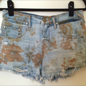 Free People Floral Print Denim Shorts