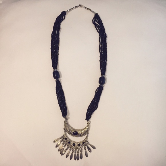 Black beaded long tribal necklace