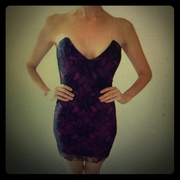 bebe Dresses & Skirts - Bebe purple and stretchy black lace dress no tags