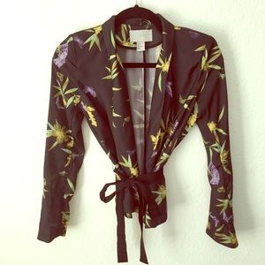 Floral silky blazer like belted jacket