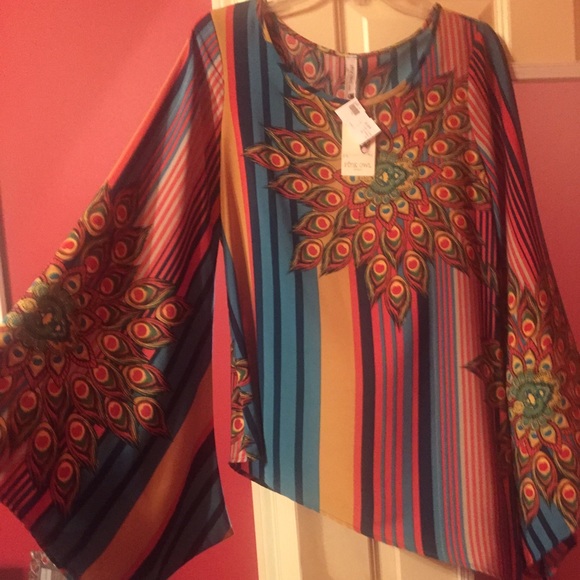 Pink Owl Tops - Pink Owl Brand peacock and multi-colored blouse