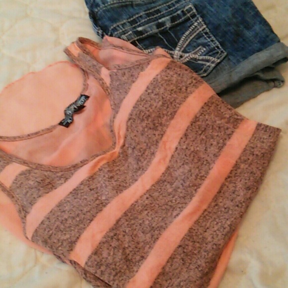Pink and grey striped tank top.