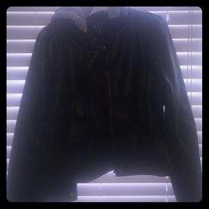 Black leather jacket with grey hoodie