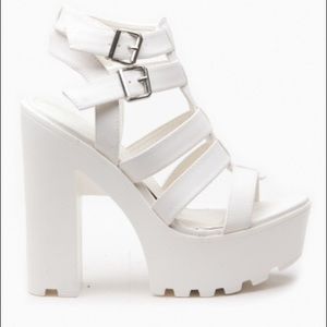 White Faux Leather Multi Strap Lug Sole Heels