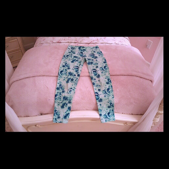 Justice sage green / blue rose leggings