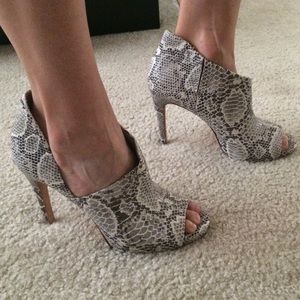 snakeskin open toe booties