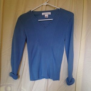 blue textured V-neck sweater