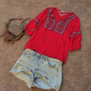 Red Peasant Boho Top