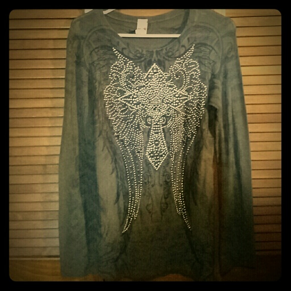 Bling Angel Wings & Cross Long Sleeve Shirt