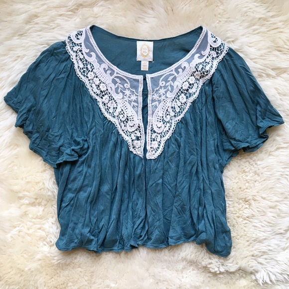 Anthropologie Teal and White Lace Top