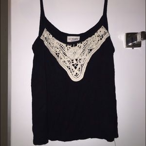 Black tank top with white crochet