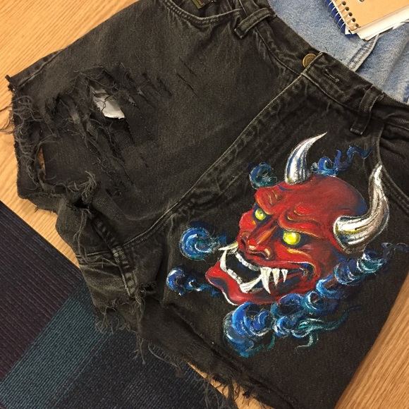 Hand Painted Japanese Demon High Waist Cutoffs - Picture 2 of 3
