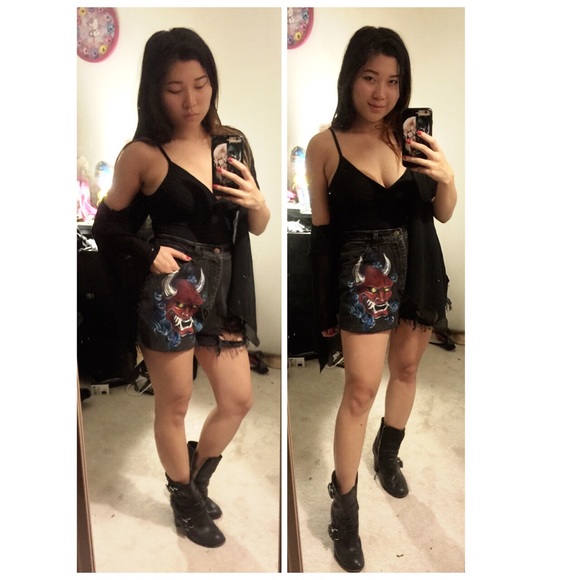Hand Painted Japanese Demon High Waist Cutoffs - Picture 3 of 3