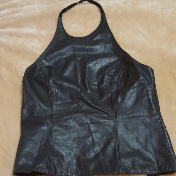 Black genuine leather halter top