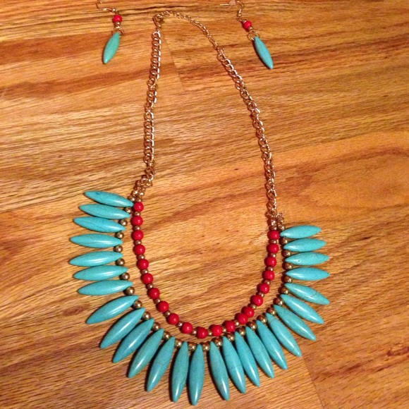 Turquoise and red necklace and earring set