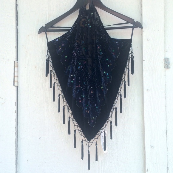 Blue&Black Velvet Beaded Tie-Back Festi Halter Top