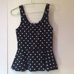 Express Peplum Top Black with White Polka Dots