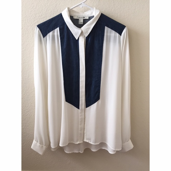 Forever 21 white blouse with denim accents