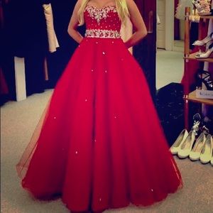 Red ball gown prom dress with straps