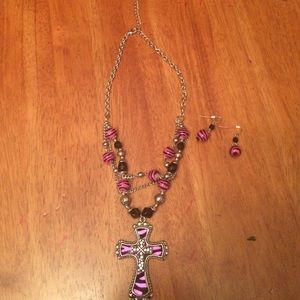 Pink zebra necklace and earring set