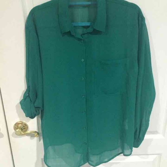 Blue/Green chiffon button up - Picture 1 of 4