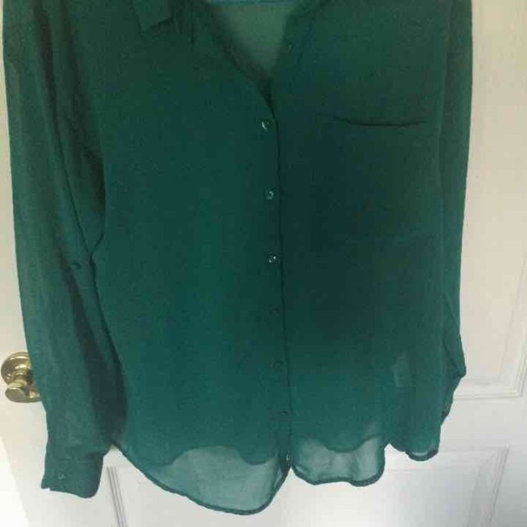 Blue/Green chiffon button up - Picture 3 of 4