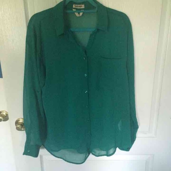 Blue/Green chiffon button up - Picture 4 of 4