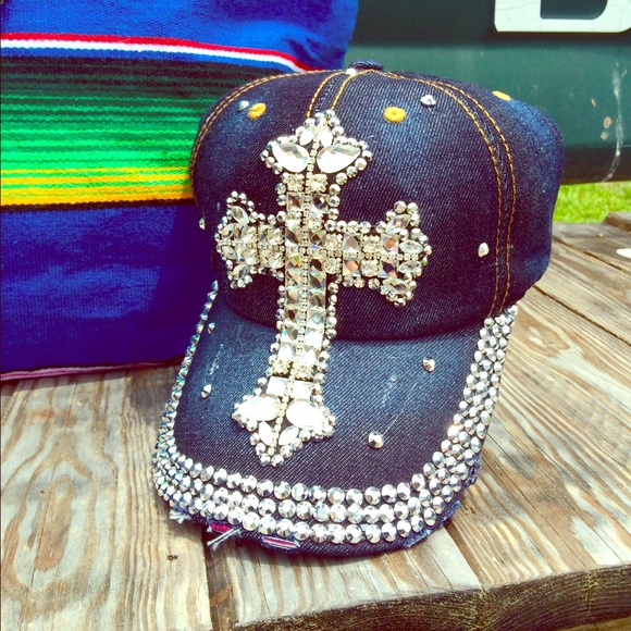 Accessories - Denim cross rhinestone cap