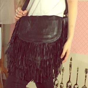 Black Real Leather Fringe Bag