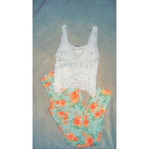 Coral/Sea-foam Green Floral Skinny Jeans