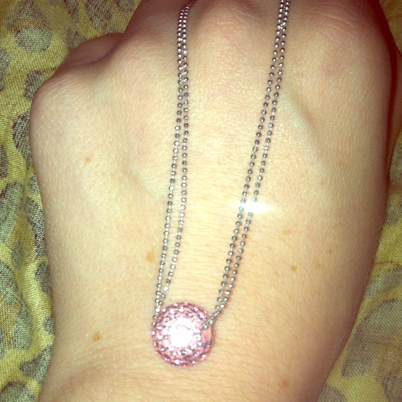 Silver double chain pink crystal necklace