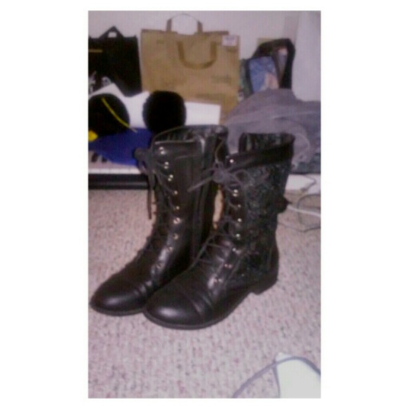 Black Combat Boots with Floral Crochet Design