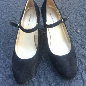 Black suede Mary Janes with wedge