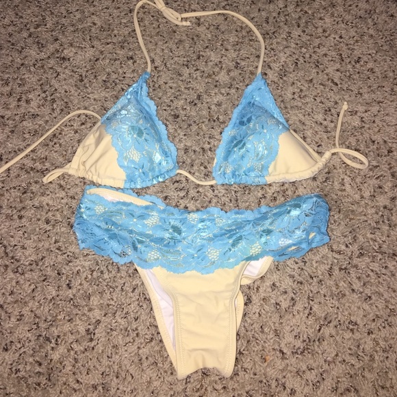 Nude and blue lace bikini