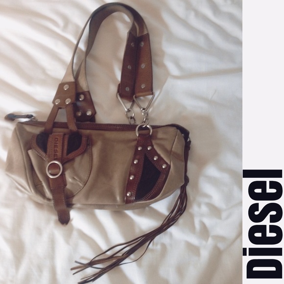 Diesel real leather fur stud rocker boho purse bag