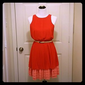 Red-orange and coral cocktail dress