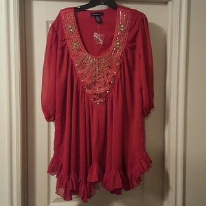 Red flowing tunic blouse