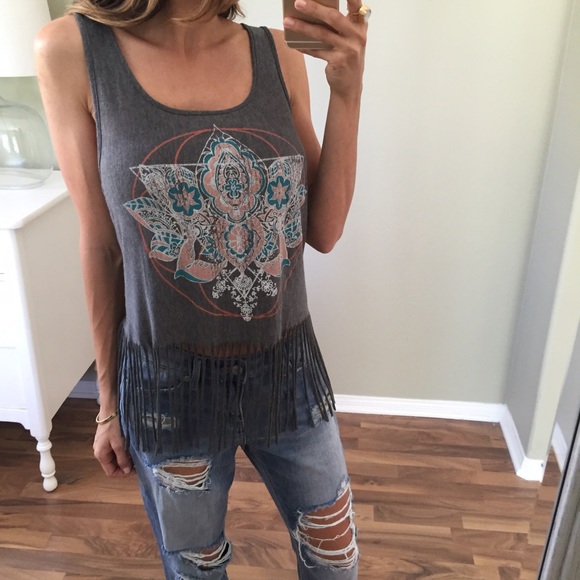 Sold • Boho Grey Patterned Fringe Top - Picture 2 of 4