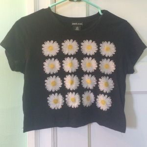 Black Crop Top with White and Yellow Flowers