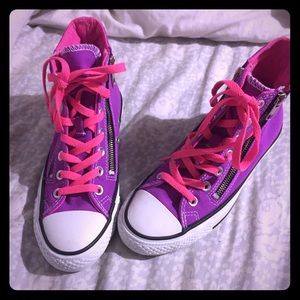 Zip up hot purple and pink high top Chucks! 💜💖