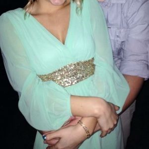 Mint, long-sleeved dress with gold sequins