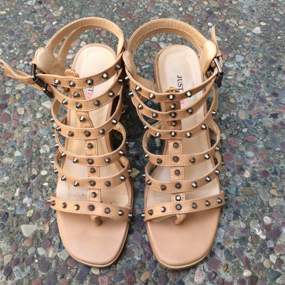 JustFab nude studded gladiator stacked heels 7 - Picture 4 of 4