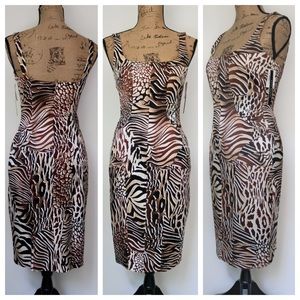 NWT David Meister-brown sateen animal print dress
