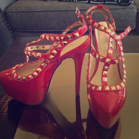 New Red gold studded platform strappy slingbacks