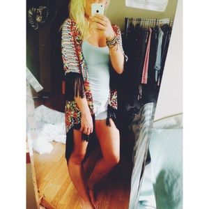 Tribal pattern fringe kimono