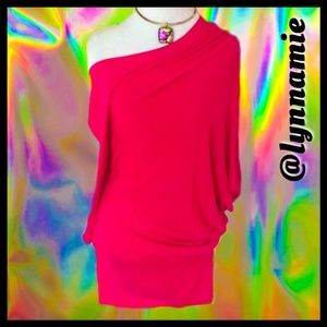 Hot pink asymmetrical off the shoulder dress