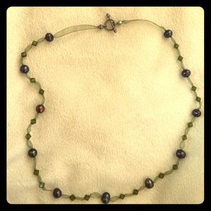 Ribbon, Peridot and peacock pearl necklace