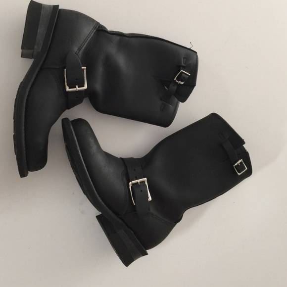 Frye Engineer Black Leather Boots Buckle