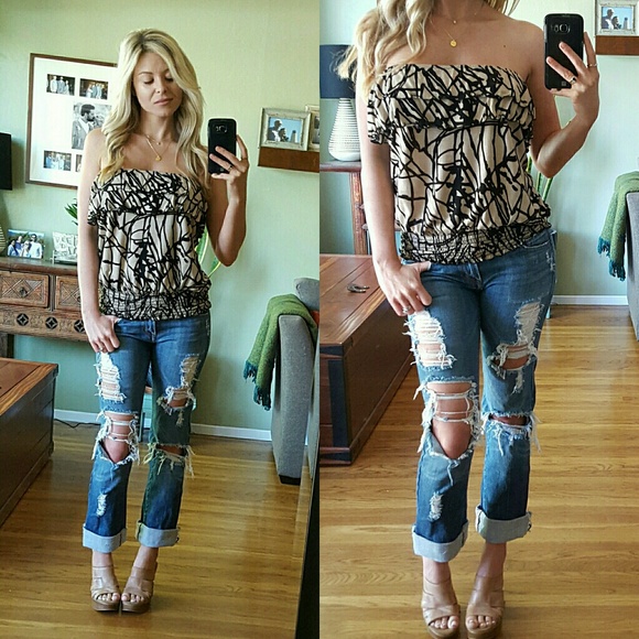 RESERVED Taupe and Black Strapless Top - Picture 4 of 4