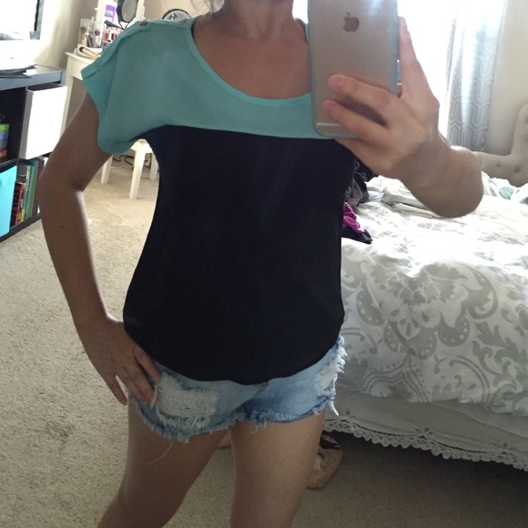 Aqua blue and black top